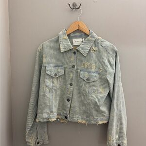 Mustard Seed Blue Striped Distressed Jean Jacket
